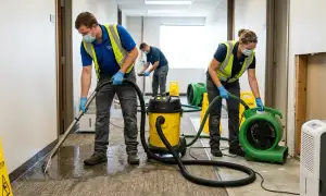 Burst pipe cleanup crew drying water damage in Springfield, IL home